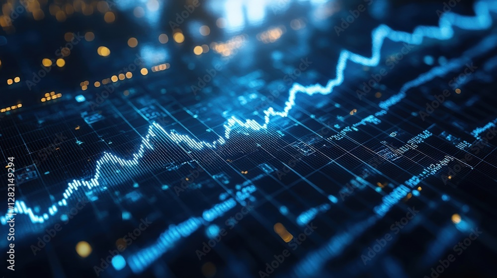 Poster abstract visualization of a financial market graph showing upward trends with glowing data points