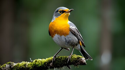 European robin perched on mossy branch against blurred green background, orange breast fein detailed side profile.