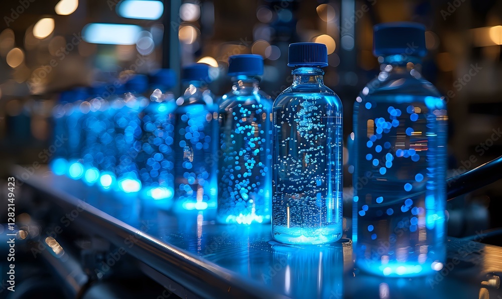 Poster glowing blue bottles with bubbles arranged in row create magical atmosphere with bokeh lights. illum