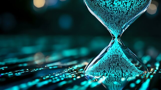 Luminous hourglass with flowing turquoise sand against dark background with bokeh lights creates dramatic time concept visualization for business presentations.