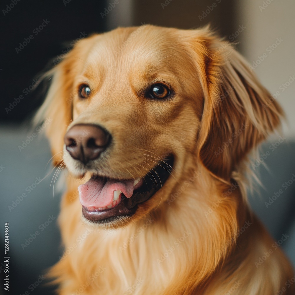 Aufkleber happy golden retriever enjoying a bright afternoon indoors while looking at the camera and wagging i