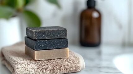 Handmade natural soap bars stacked on beige towel with amber bottle in background on marble surface, spa and wellness composition for skincare.
