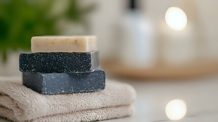 Natural handmade soap bars stacked on beige cotton towel against blurred bathroom interior with soft bokeh lights, spa and wellness concept.