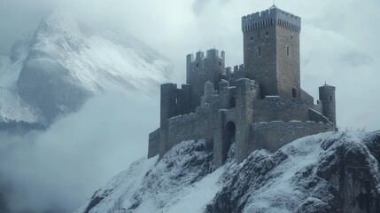 Medieval castle on a snowy mountain peak, dramatic and majestic, towering and grand, fantasy fortress