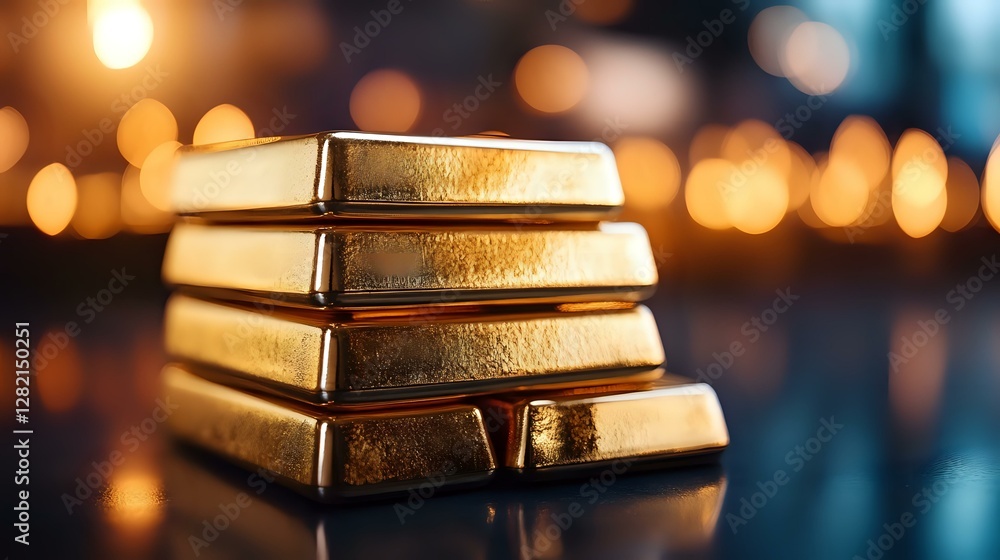 Poster stacked gold bars with warm bokeh lights in background reflecting on glossy surface. wealth and fina
