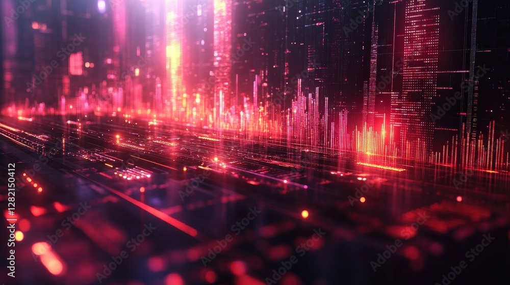 Poster abstract digital landscape with glowing lines and vibrant colors representing data flow and technolo