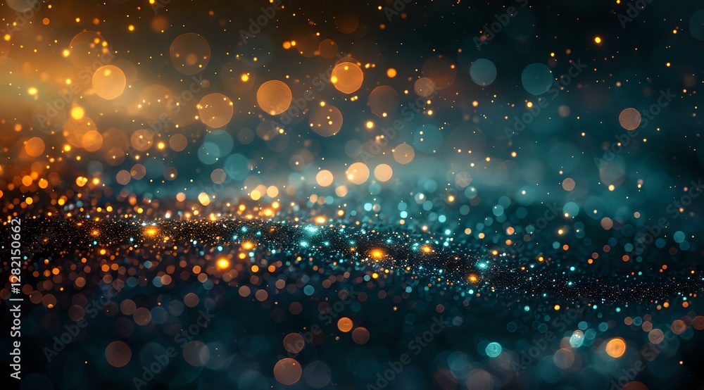Poster Magical glowing bokeh lights in dark turquoise and golden colors create dreamy abstract background with blurred sparkles and particles floating in space.