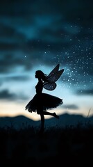 Fototapeta premium Magical silhouette of fairy with sparkling wings and tutu dress dancing against starry night sky and mountains, dark blue atmosphere with glowing stars.