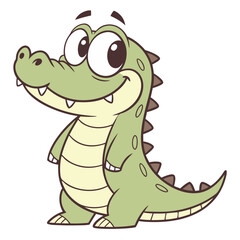 Fototapeta premium This adorable cartoon alligator features a big smile, bright eyes, and a playful demeanor. It stands against a clean white background, perfect for children's designs