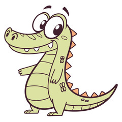 Obraz premium A cheerful alligator character stands in a playful pose with a friendly smile. The bright green alligator is designed in a cartoon style, ideal for children's illustrations and educational materials