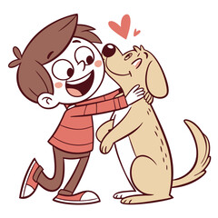 Obraz premium A cheerful boy with brown hair is embracing a happy dog, both sharing a joyful moment filled with affection. The cartoon highlights their special bond in a playful manner
