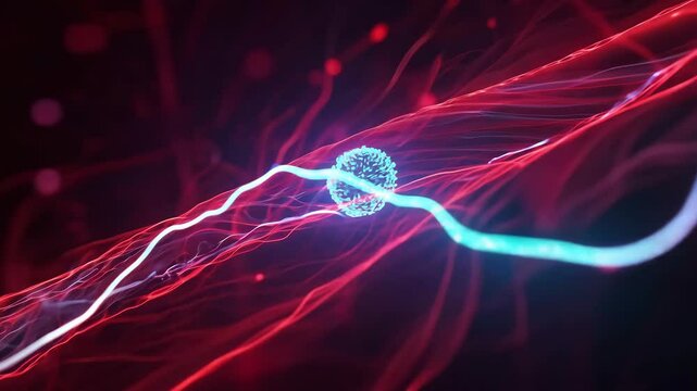 ai video A detailed view of a glowing immune cell moving through blood vessels, with red and blue light representing biological activity.
