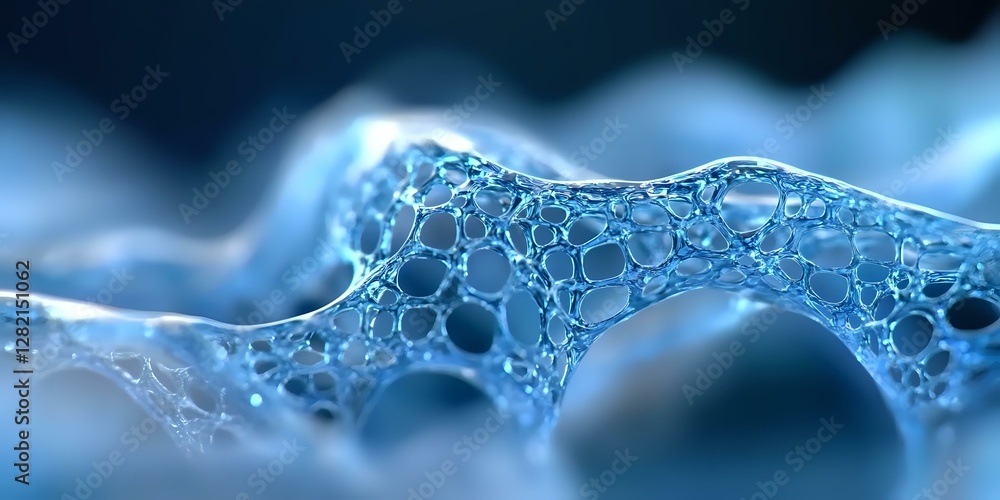 Poster microscopic view of soap bubble foam structure in blue tones showing delicate interconnected membran
