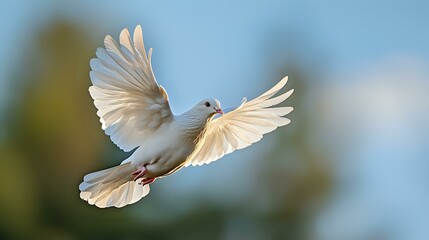 Obraz premium White dove with spread wings soaring against blue sky background, graceful flight pose capturing peace and freedom symbolism in natural outdoor setting.