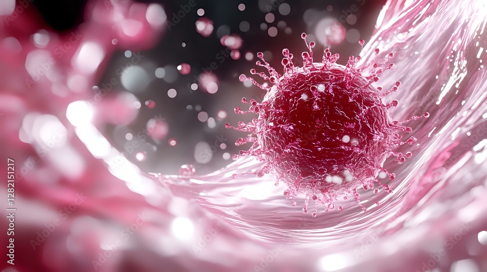 Poster microscopic virus cell in pink and white tones floating on abstract wave background with bokeh effec