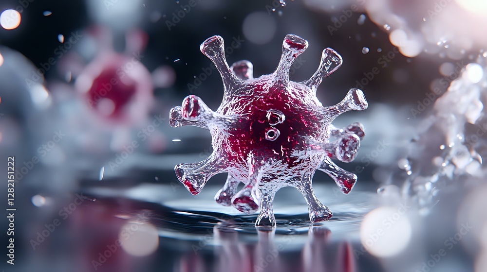 Poster microscopic view of red virus cell with spiky crown structure floating in liquid environment against