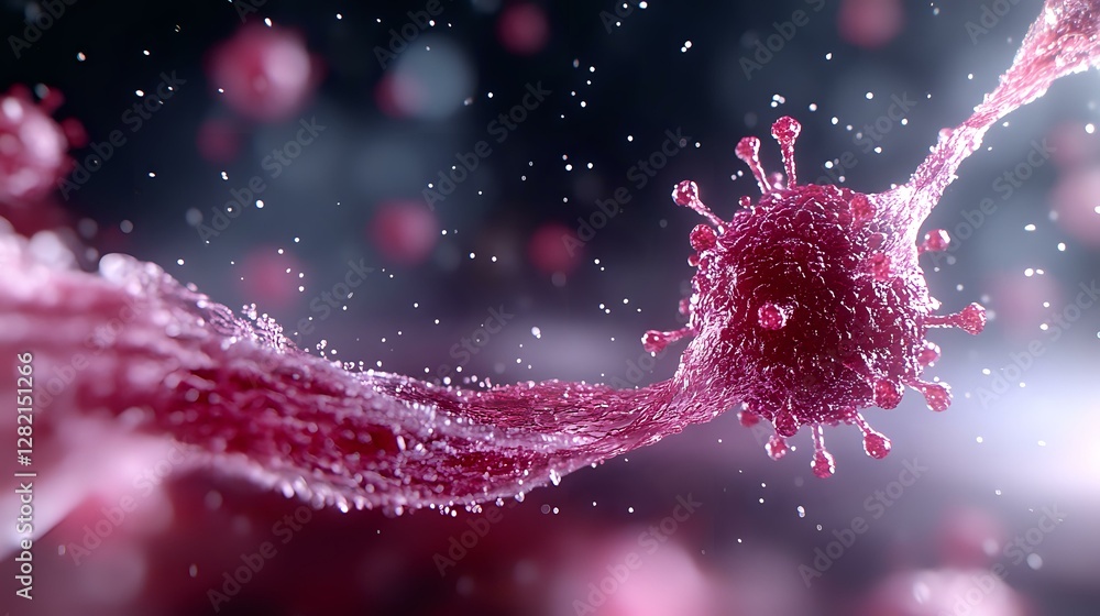 Poster microscopic pink virus cell with crown-like spikes floating in dark space with motion blur effect an