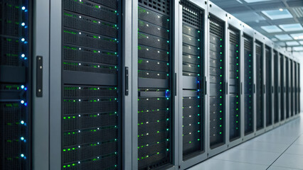 Technology & Digital Trends concept, High tech server room with rows of data storage units and lights