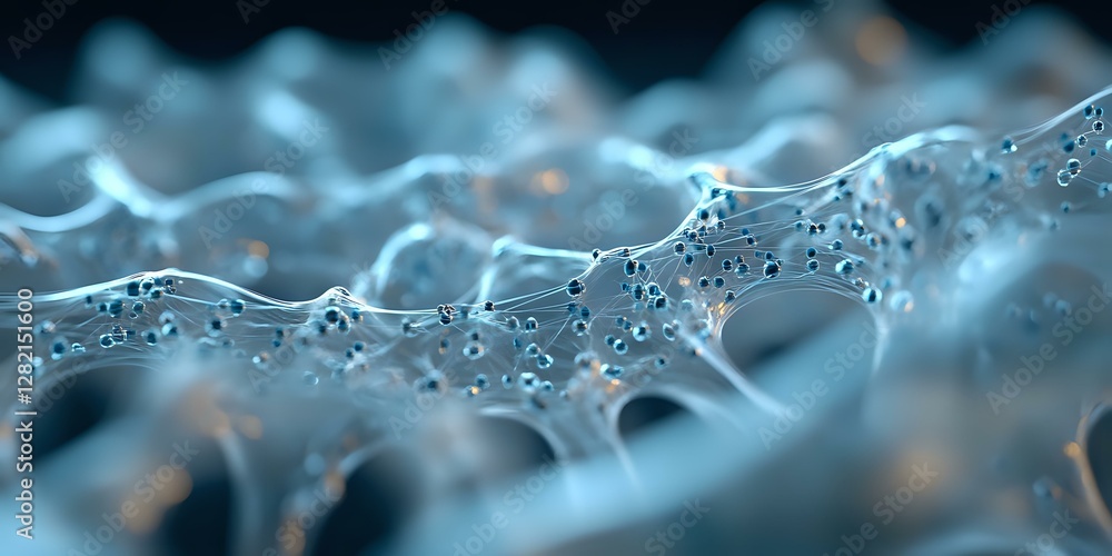 Poster microscopic view of neural network connections with glowing synapses and neurons in blue tones showi
