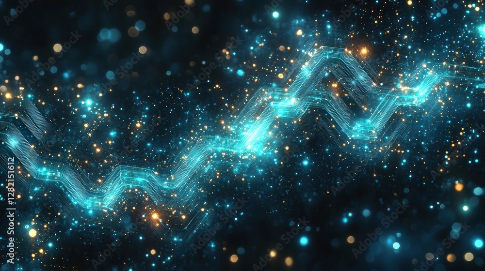 Poster abstract digital wave pattern with glowing particles in a cosmic background, showcasing movement