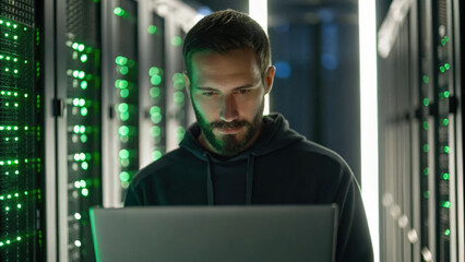 Technology & Digital Trends concept, Cybersecurity expert analyzing encrypted data in server room