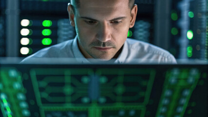 Technology & Digital Trends concept, Cybersecurity analyst focused on data analysis in futuristic environment