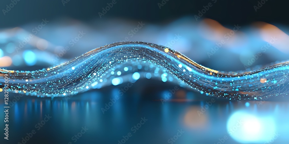 Poster shimmering blue wave with glitter particles and bokeh effect creates dynamic flowing motion against 