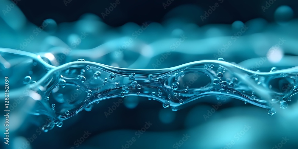 Poster macro photography of water surface with dynamic splash and bubbles in turquoise blue tones, showing 