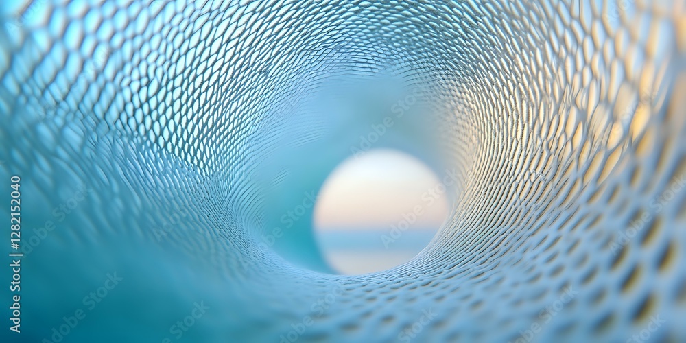 Poster abstract tunnel view through metallic mesh or net structure with light at end, creating futuristic p