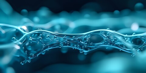 Macro photography of water surface with dynamic splash and bubbles in turquoise blue tones, showing fluid motion and transparency against dark background.