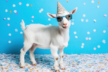 Obraz premium A playful goat with sunglasses and a party hat standing against a blue background with confetti.