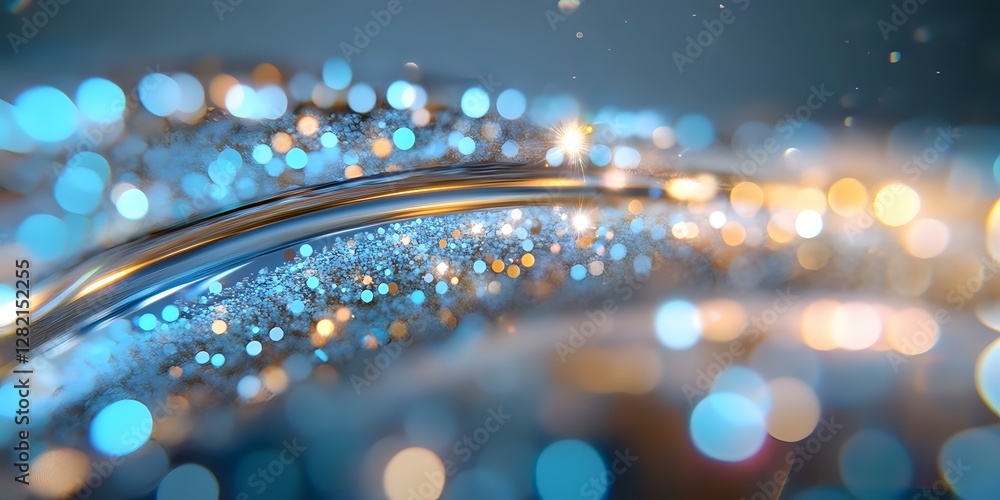 Poster magical glowing curve with blue and gold bokeh lights on dark background, sparkling particles create