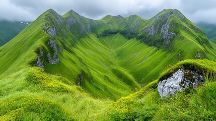A beautiful top view of mountain ridges shrouded in mist, with clouds gently flowing across the rocky terrain.