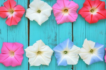 Obraz premium A vibrant arrangement of pink, white, and red flowers on a turquoise wooden surface.