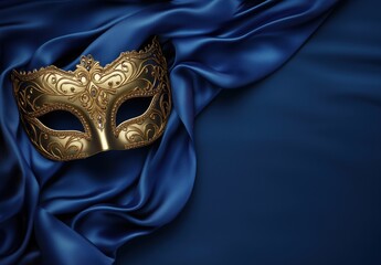 A beautiful gold masquerade mask resting on luxurious blue silk fabric.