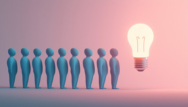 Una l&iacute;nea de figuras humanas monocrom&aacute;ticas se alza sobre un fondo de color p&aacute;lido y s&oacute;lido, todas uniformes excepto una figura en azul, que tiene una bombilla incandescente en lugar de una cabeza.