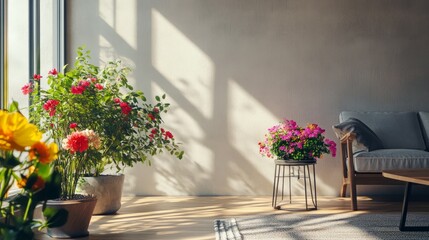 modern sunlit interior with colorful flowers, inviting and dynamic atmosphere, detailed and textured composition, warm and cheerful tones