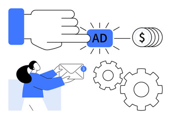 Hand clicking on ad button, woman holding email with notification, coins, gears. Ideal for digital marketing, online advertising, PPC campaigns, email marketing, business revenue automated