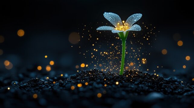 Glowing white flower sprouting from dark soil at night, sparkles