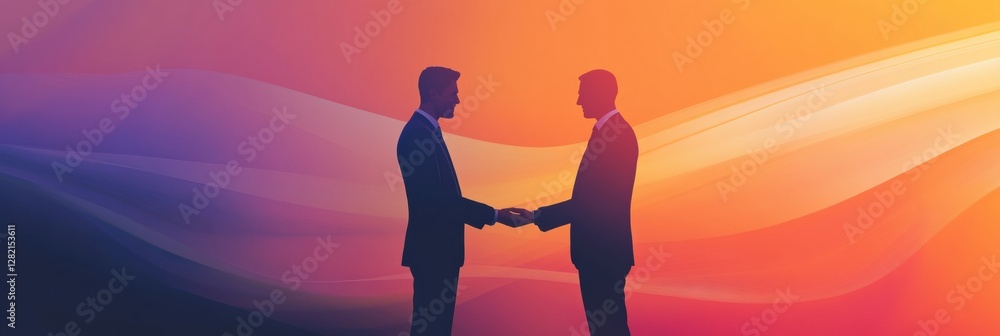 Aufkleber silhouettes of two business professionals shaking hands in a vibrant abstract background during a su
