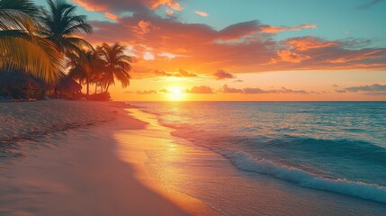 Serene sunset over a tranquil beach with palm trees and gentle waves, evoking relaxation (1)