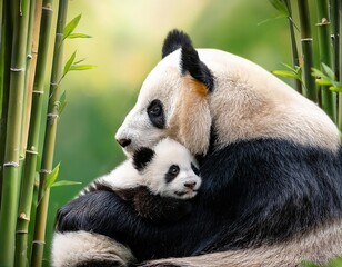 Fototapeta premium Mother panda cuddles with her playful cub in a bamboo forest during sunny afternoon