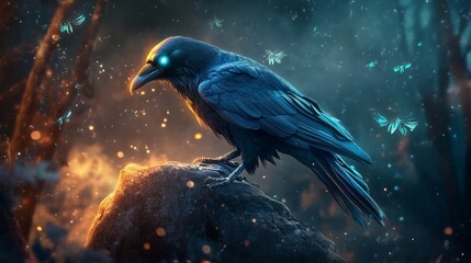 Mystical raven with glowing feathers perched on ancient stone, mysterious and magical