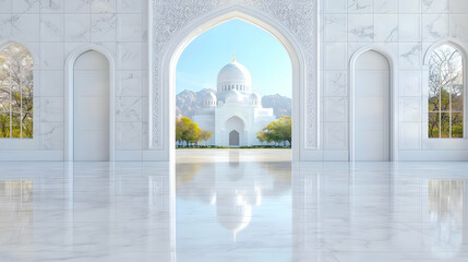 Mosque view from ornate archway, serene courtyard, mountains