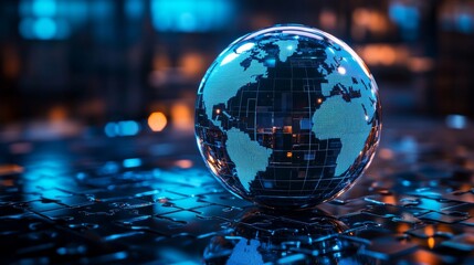 Glowing globe on a dark puzzle background with illuminated elements showcasing a digital map at nighttime