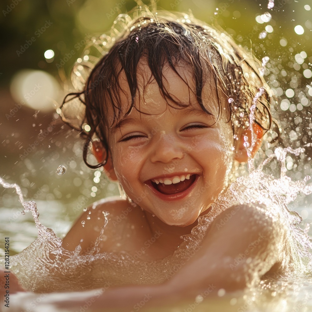 Poster joyful child splashes water while laughing in sunny outdoor setting during summer afternoon. generat