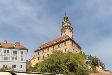 Cesky Krumlov, Czech Republic. Castle tower from the patio of State Castle, the most famous symbol of Cesky Krumlov.