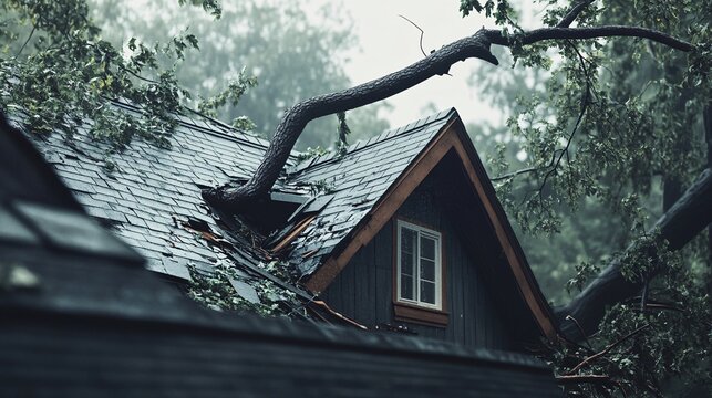 Large tree fallen onto the roof of a house causing damage