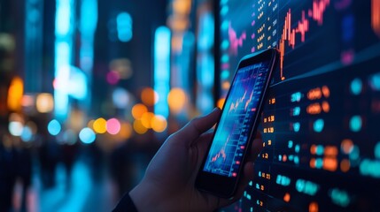 Financial analysis with smartphone in modern city at night showcasing technology and data visualization