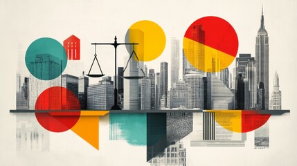 City skyline with scales of justice and colorful geometric shapes